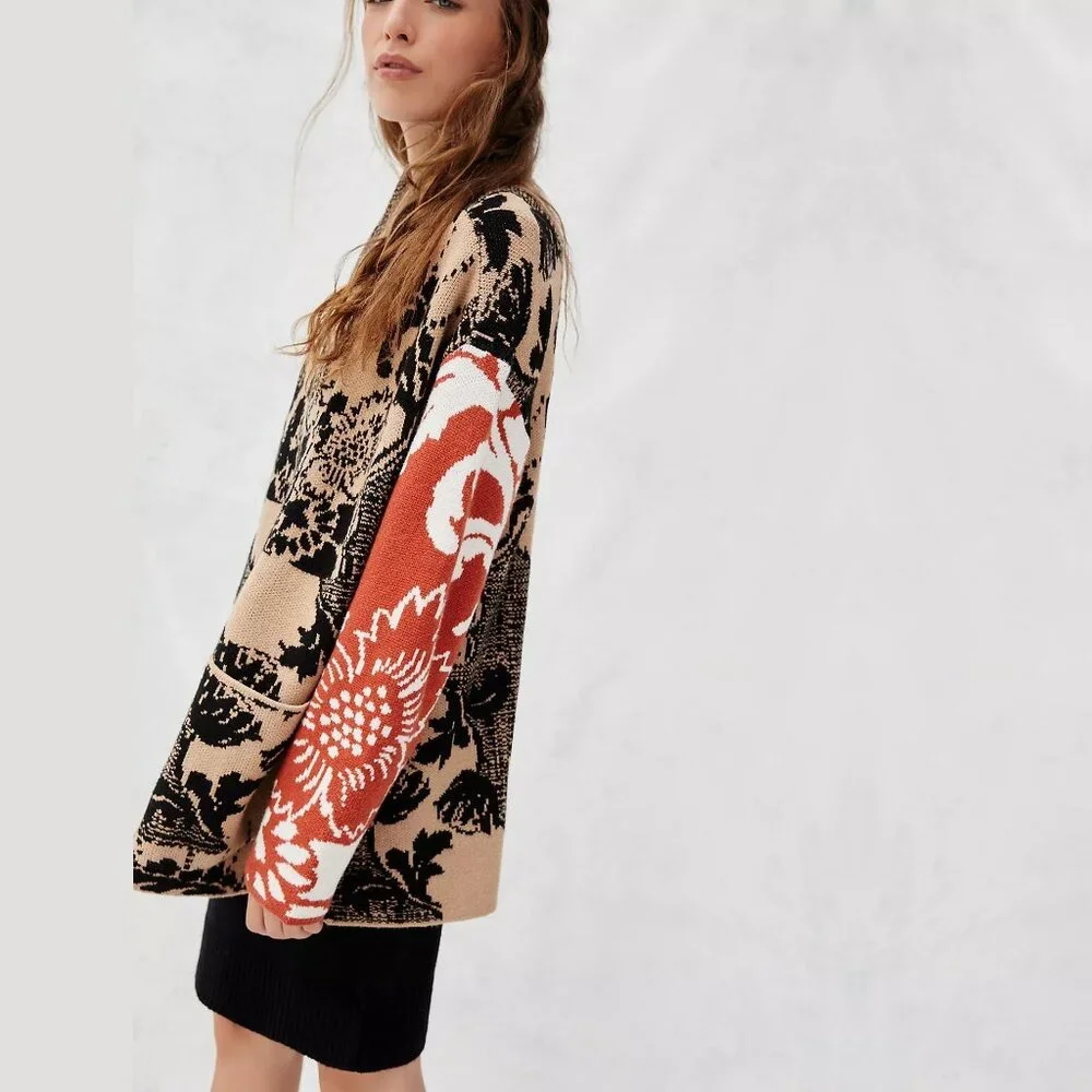 Anthropologie Lola Cocoon Cardigan Open Front Patchwork Tan Red XS/S #A1045